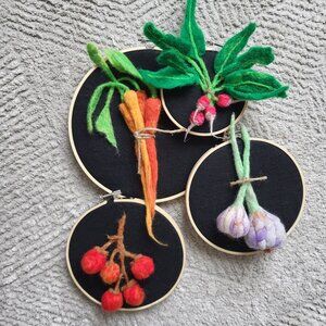 Vegetables on Embroidery Hoops | Handmade | Wool Needle Felting - Bundle of 4